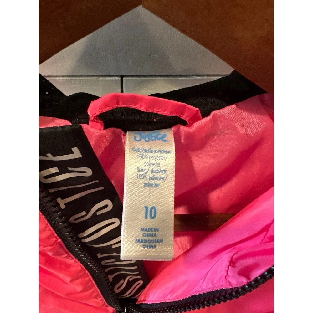 Justice Girls Neon Pink Windbreaker Hooded Jacket Logo Zip Mesh Lined Size 10